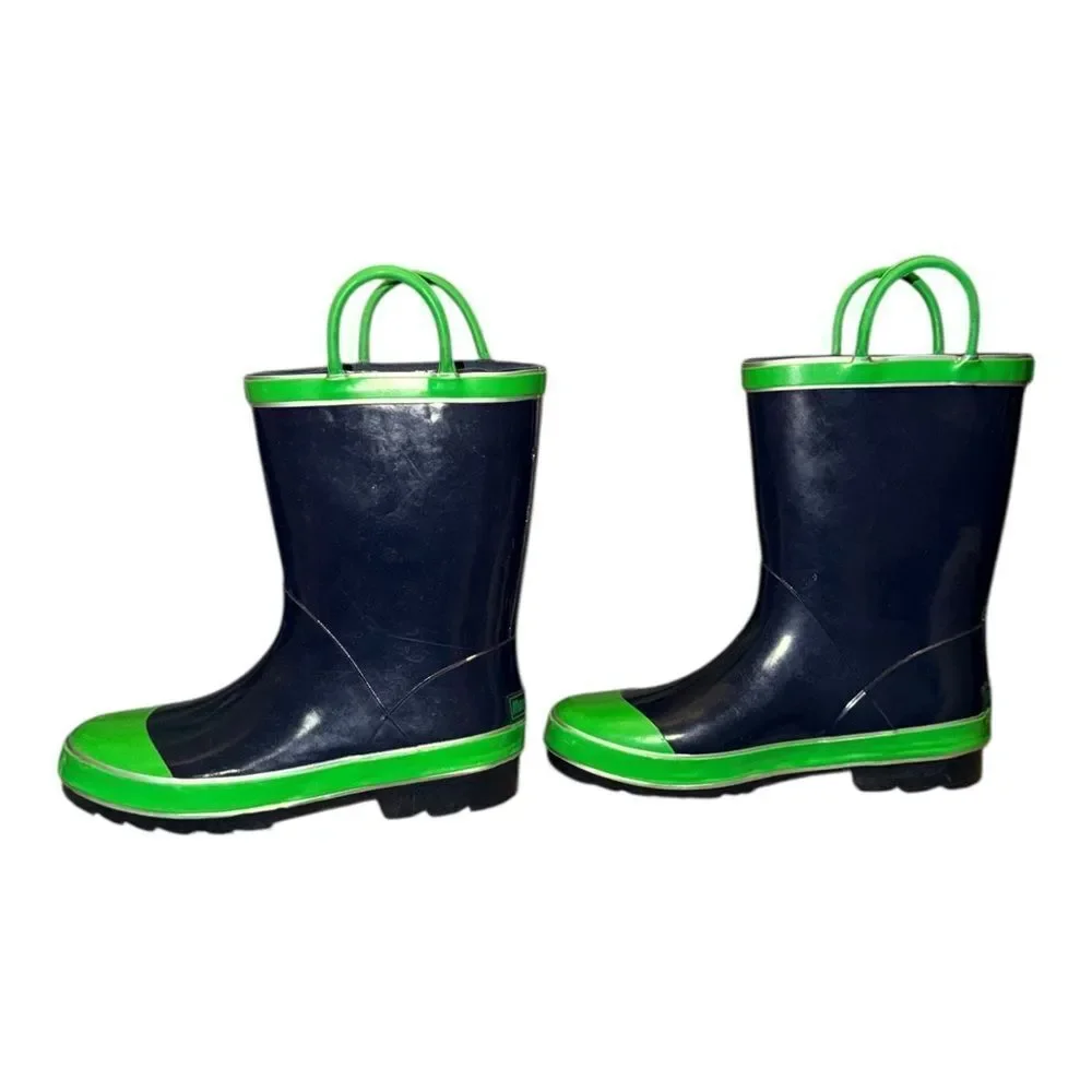 Northside Unisex Child Classic Rain Boots Navy Blue & Green Pull On 2M EUC